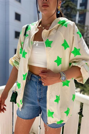 Yeşil Yıldız Detaylı Natural Kumaş Lüx Pamuk Kapüşonlu İnce Tasarım Ceket